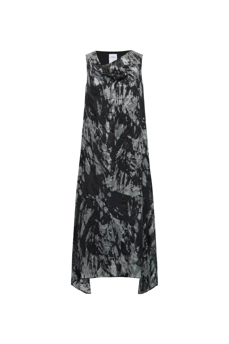 Sato Printed Cowl Neck Dress in Devoré Silk