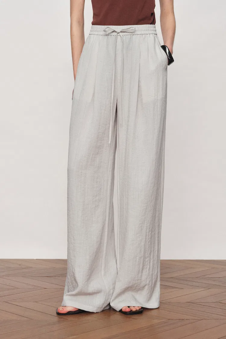 Eva Ivory Ruched Drawstring Wide Leg Casual Pants in Lightweight Linen Blend