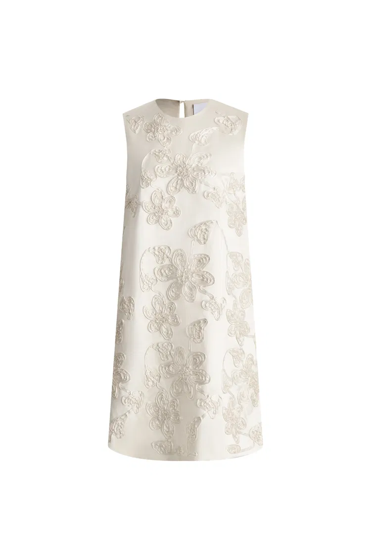 Zhen 3D Flora Embroidery Short Dress in Silk-Wool Satin