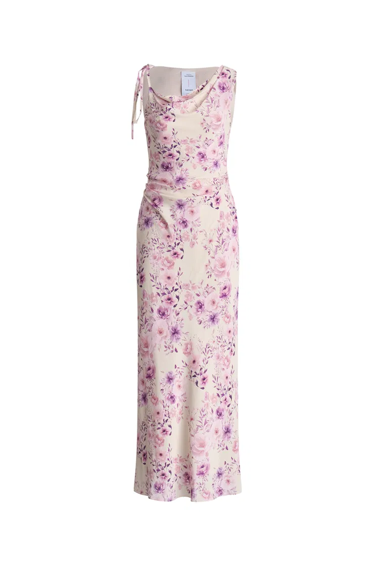 Alice Asymmetrical Cowl Neck Flora Dress in Mulberry Silk Crepe