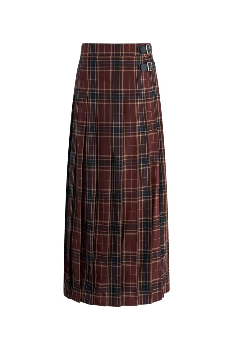 Yehudit Plaid Pleated Wool Maxi Skirt in Wool Blend