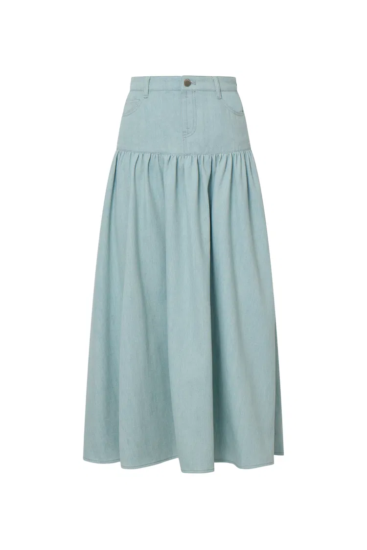 Rose Pleated Denim Skirt in Summer Denim
