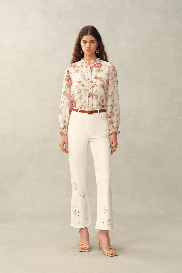 Adelaide Handpainted Floral Blouse in Silk Linen Organza