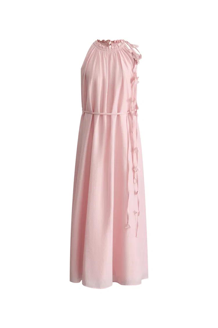 Alice Pink Hand Flora Sleeveless Dress in Acetate-Linen Blend