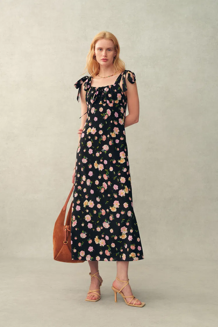 Anais Tie Strap Peony Hand Painted Floral Dress in Stretch Silk Crepe de Chine