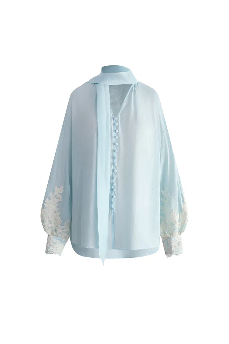 Paz Blue Embroidered Top in Silk-Linen Blend