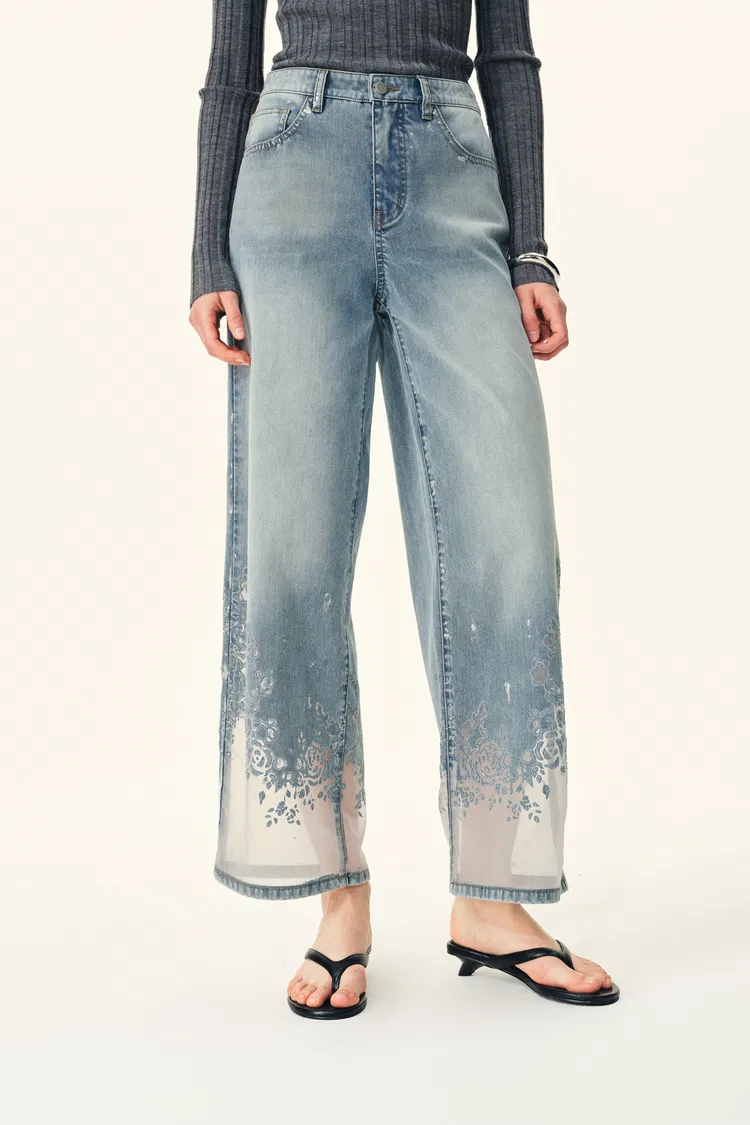 Ariel Straight Cropped Jeans in Transparent Burnout Denim