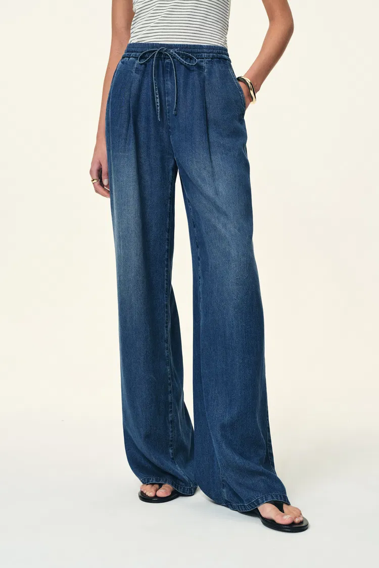 Eva Draped Drawstring Wide Leg Jeans in Lyocell Acetate Denim