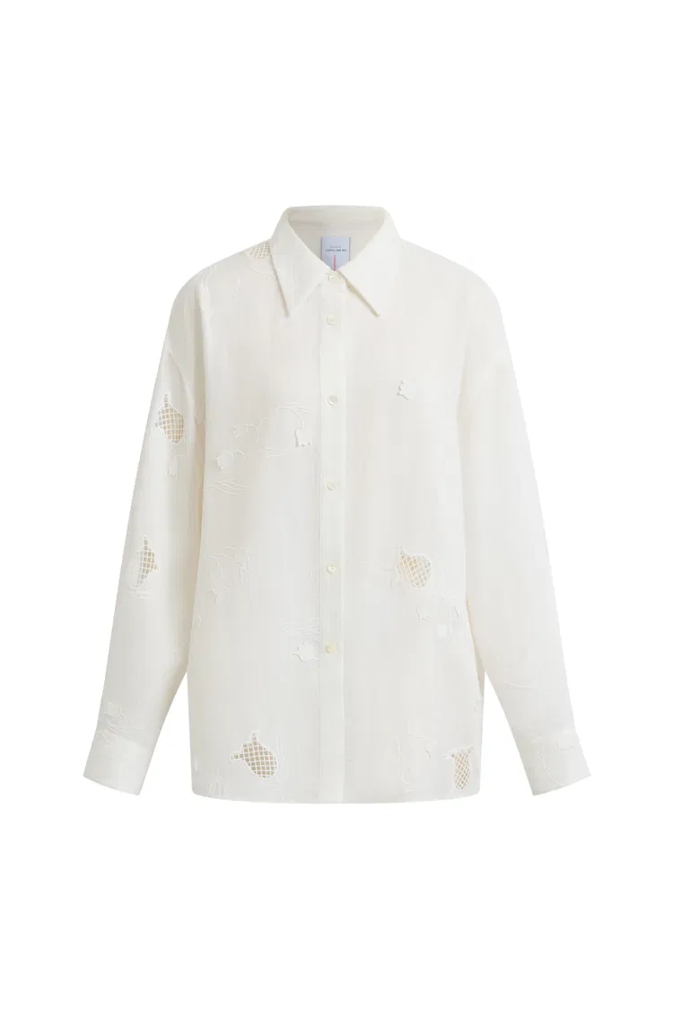Leona Lily of the Valley Mesh Embroidery Shirt in Linen