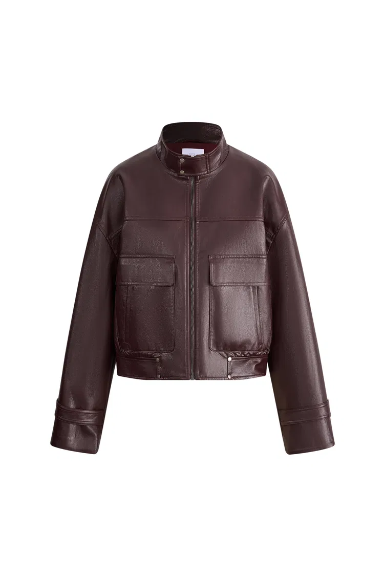 Gia Trench Style Collar Short Jacket in Faux Leather