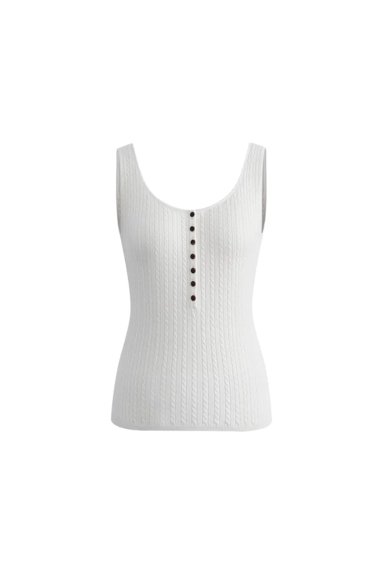 Anna White Henley Tank Top in Merino Wool with Stretch