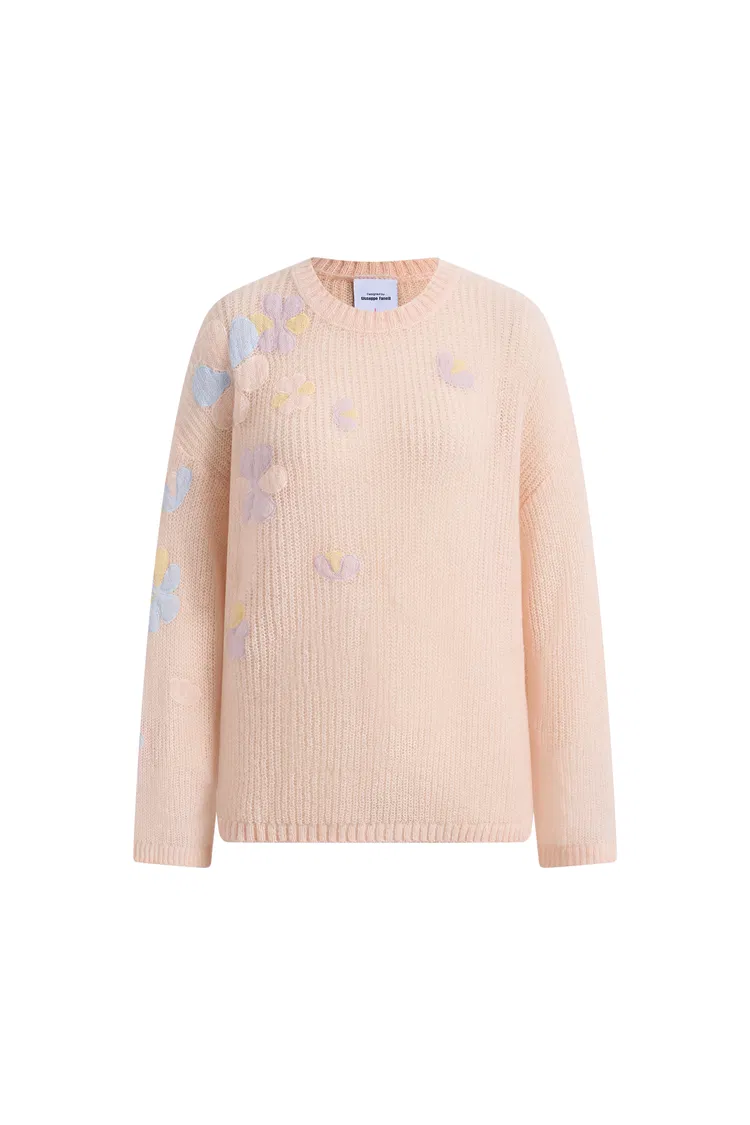 Camille Floral See Through Pullover Sweater in Wool Mohair Blend Knit