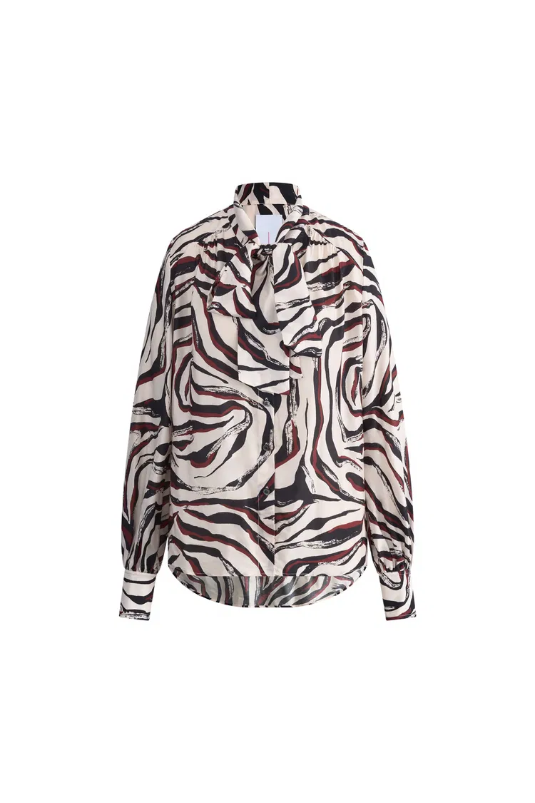 Shakti Hand Painted Zebra Print Flowing Tie Blouse in Silk-Wool Fine Twill