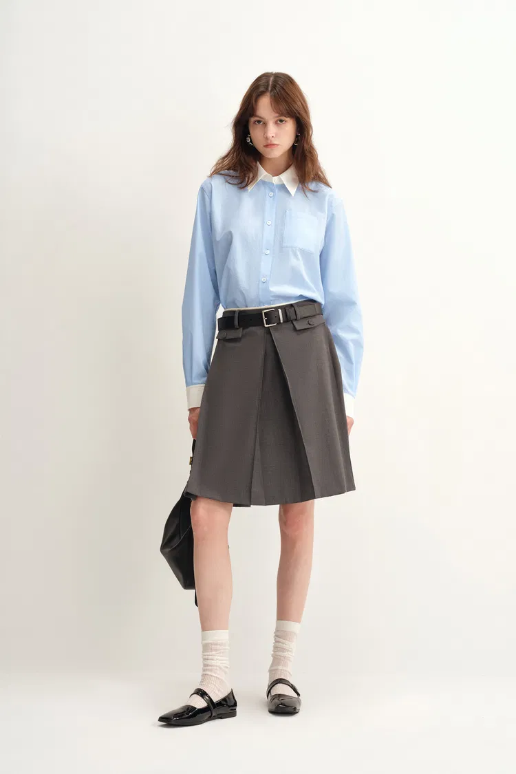 Xena White and Blue Contrast Shirt in Cotton Micro-Crepe