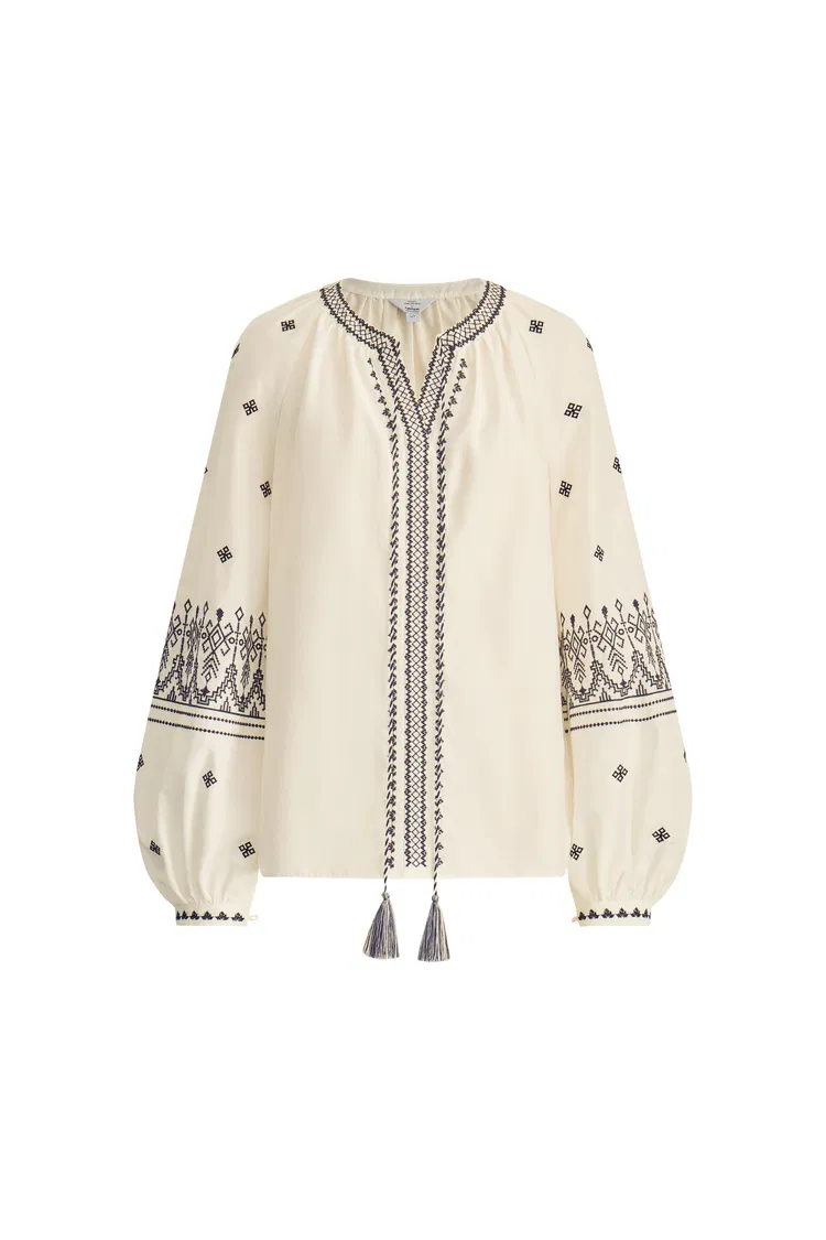 Olivia Boho Embroidered Long Sleeve Blouse Top in Premium Silk-Cotton