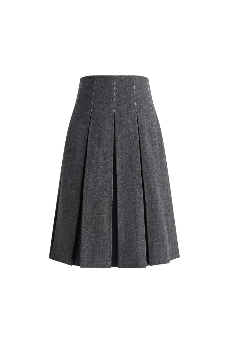 Ava Hand Embroidered Pleated Skirt in Merino Wool