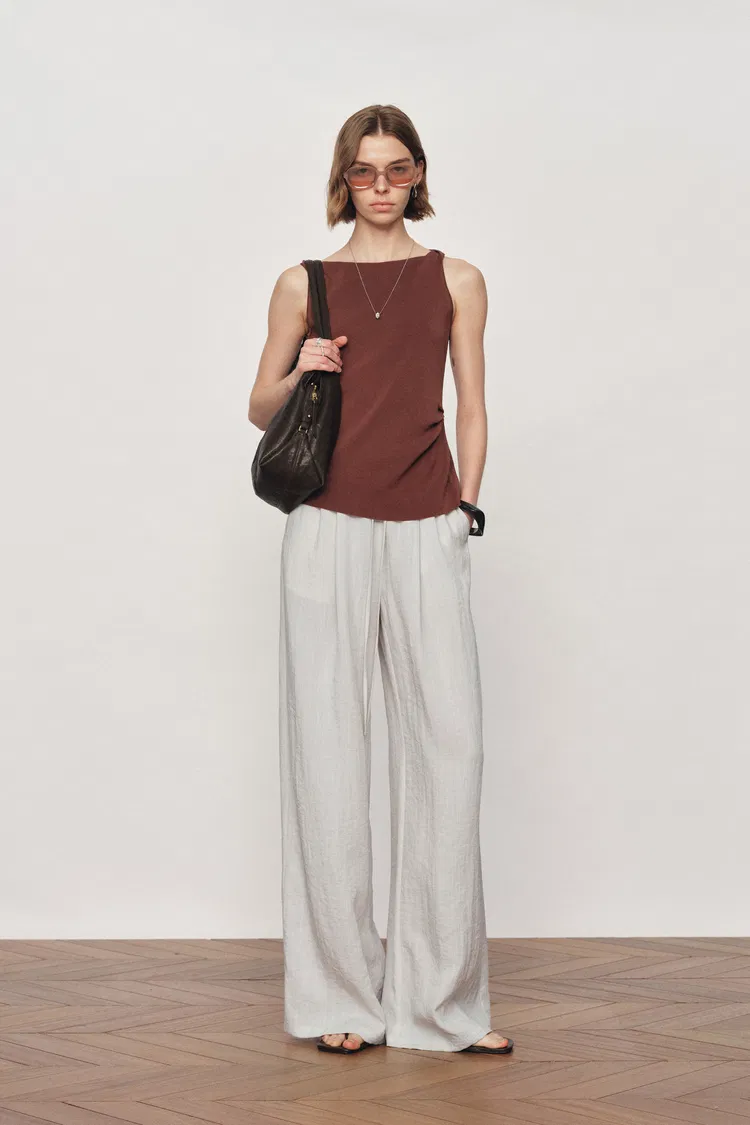 Eva Ivory Ruched Drawstring Wide Leg Casual Pants in Lightweight Linen Blend