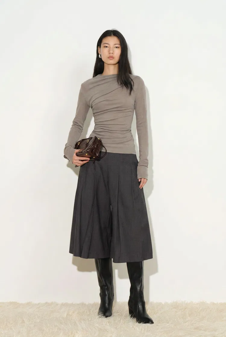 Edith Sculpted Look Gathering Long Sleeve Top in Merino Wool Knit