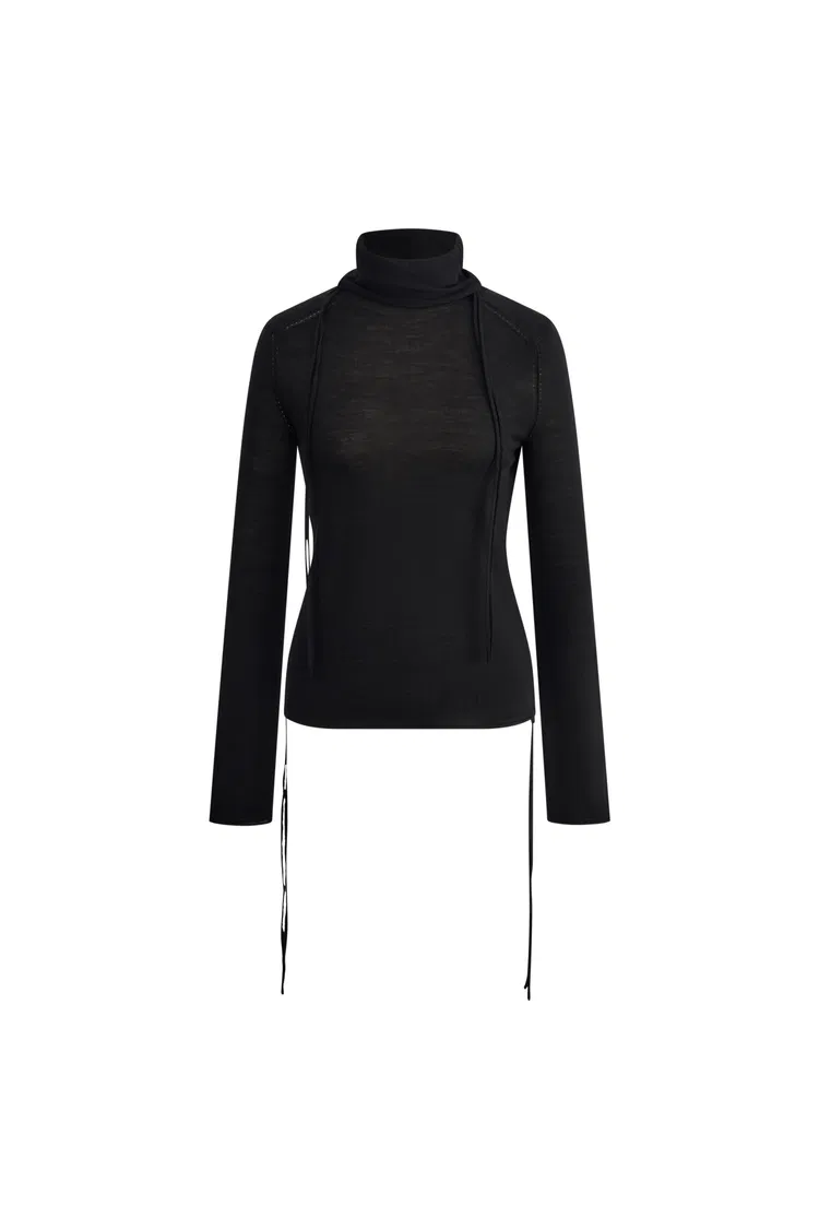 Galatee Drawstring Gathered Collar Sweater in Merino Wool