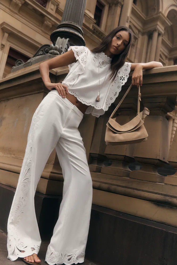 Elodie French Cutwork Embroidery Flare Pants in Cotton & Linen