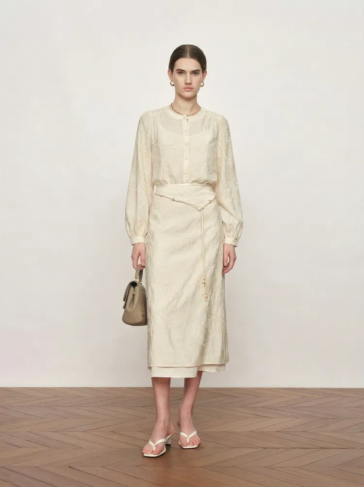 Veyra Embroidered Collarless Shirt and Skirt Matching Set in Lightweight Cotton Blend