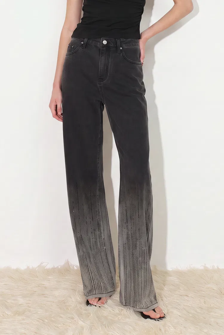 Elara Ombré Rhinestone Wide Leg Jeans in Cotton Denim