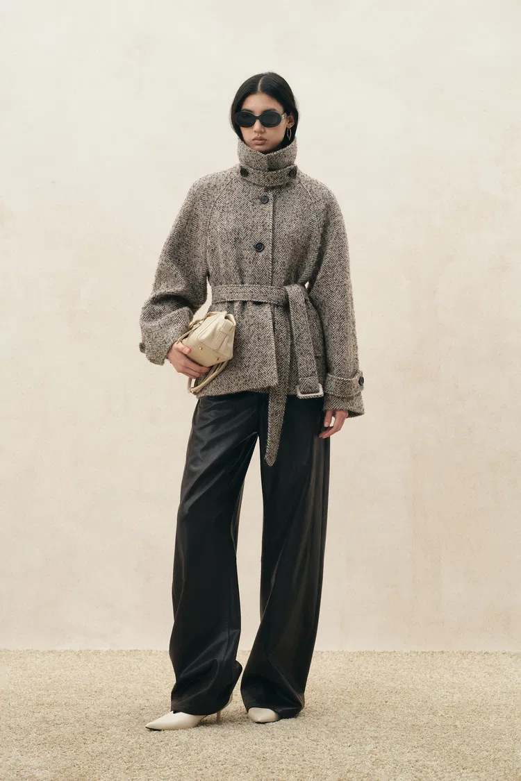 Eleanor Flecked Herringbone Cropped Coat in Wool Alpaca Blend