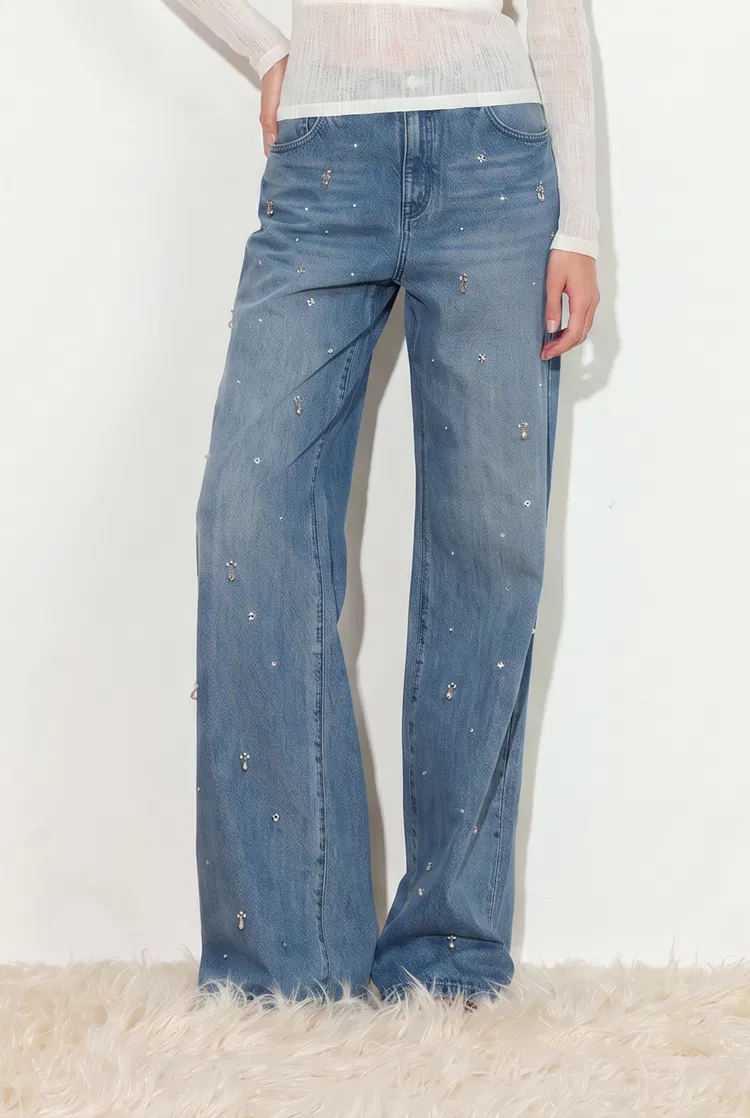 Eleanor Crystal Embellished Straight Leg Jeans in Cotton Denim