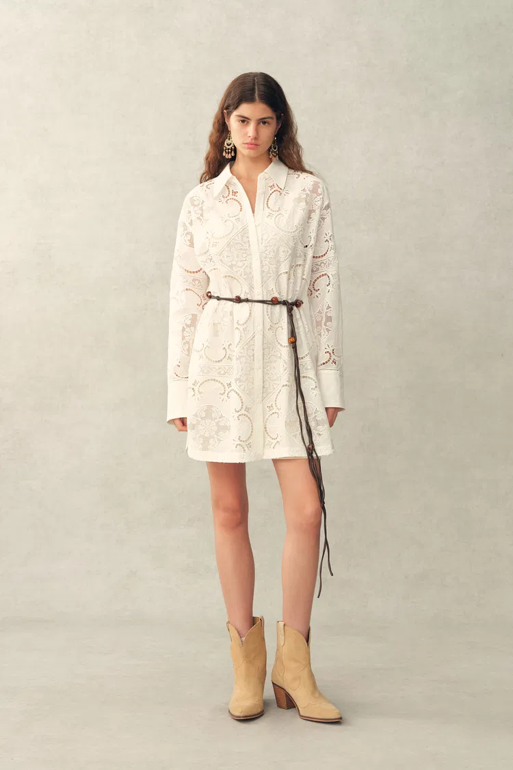 Eliana Cutwork Embroidery Longline Cover Up Long Sleeves Shirt in 100% Cotton with Lace