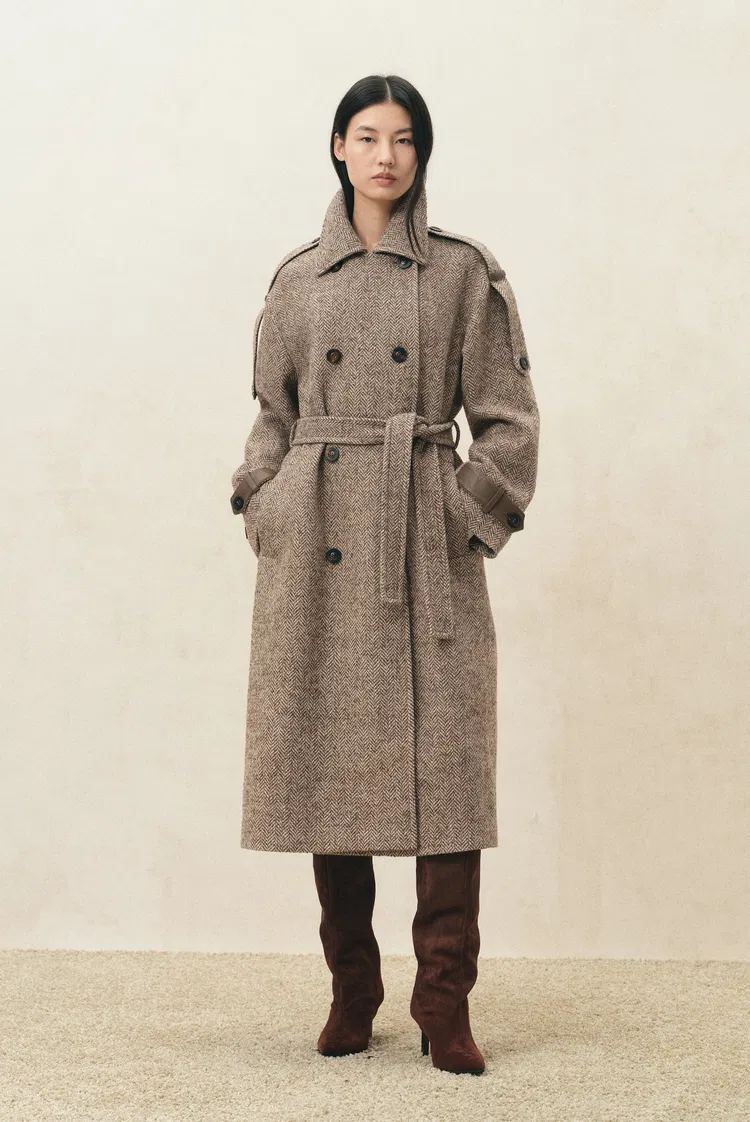 Esme Oversized Herringbone Long Coat in Wool Blend