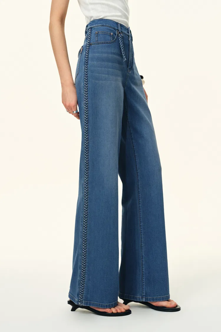 Billie Hand Braided Straight Leg Jeans in Lightweight Stretch Denim