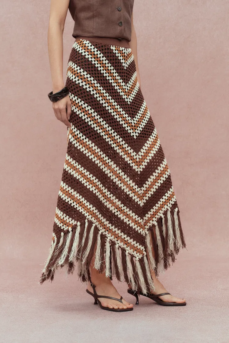 Clara Hand Crochet Fringed Skirt in Cotton-Linen Tape Yarn