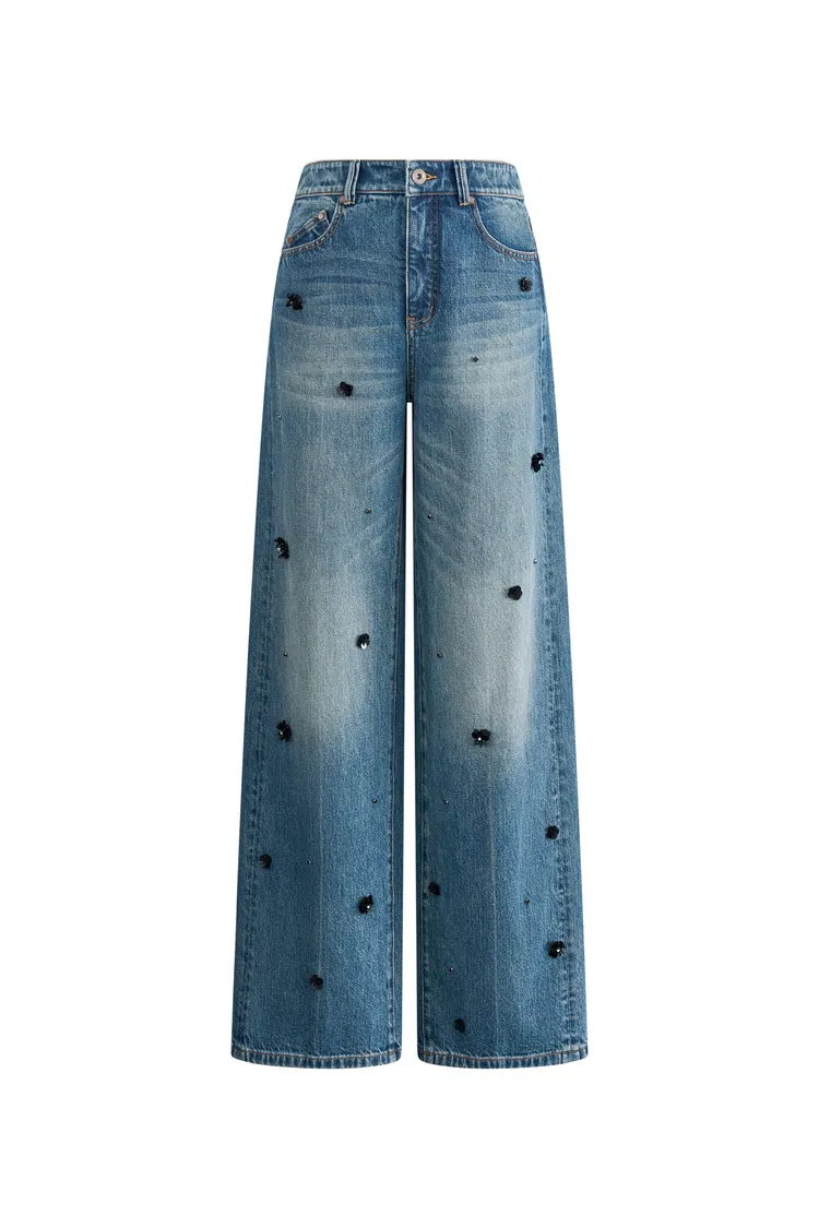 Imogen Hand Beaded Denim Trousers in Cotton Denim