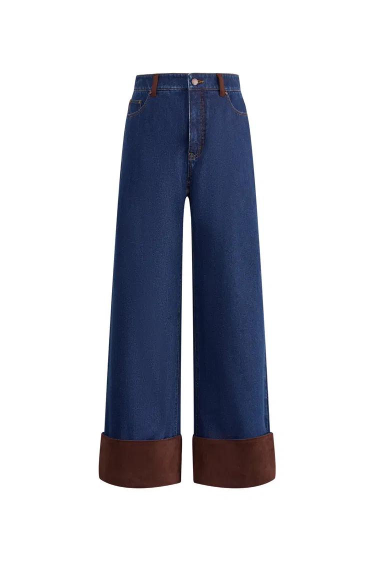 Coora Suede Cuffs Straight Leg Jeans in Cotton Denim