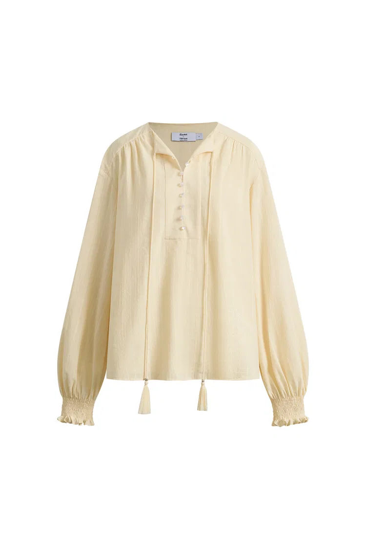 Crepus Striped Fringe-Tie French Shirt In Cotton Jacquard