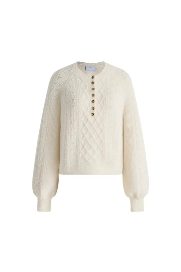 Cersei Hand Work Henley Cable Pattern Sweater in Merino Wool