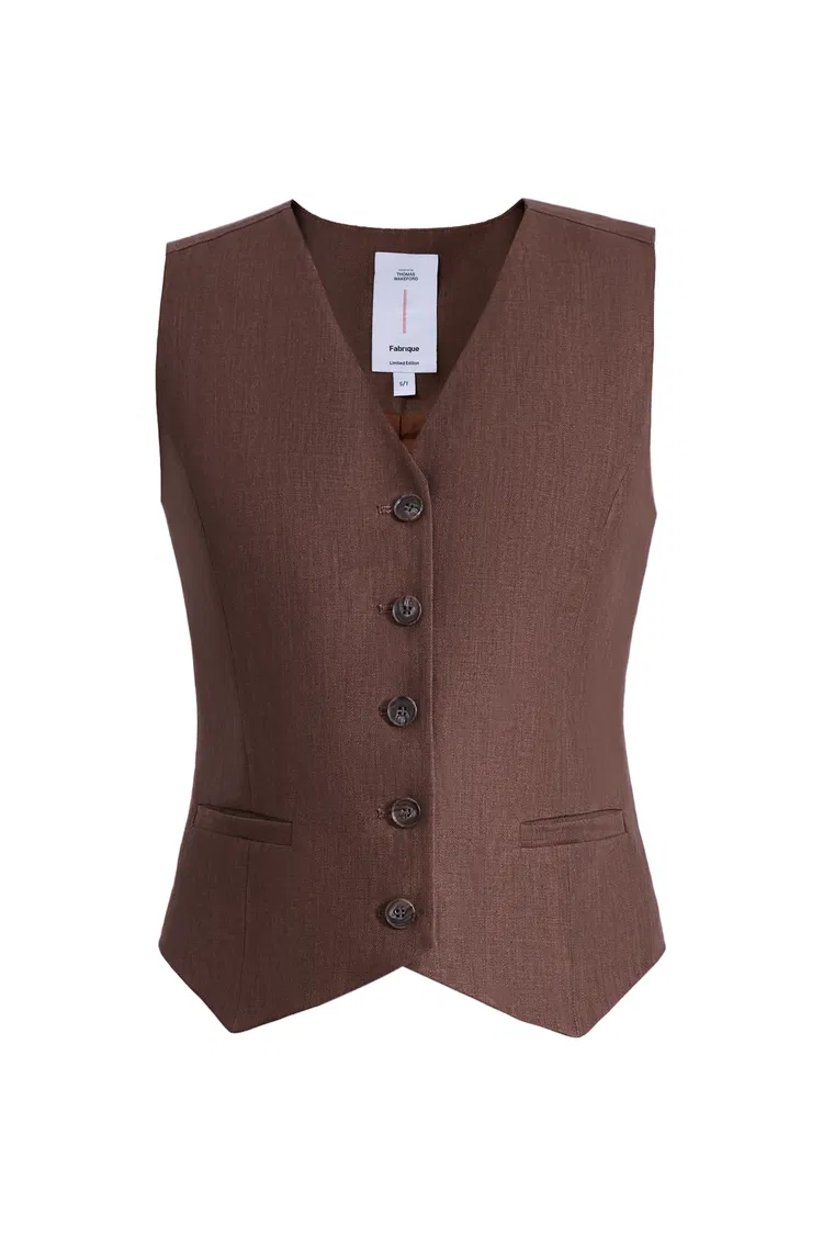 Evelyn Adjustable Belt Vest Top in Linen Herringbone