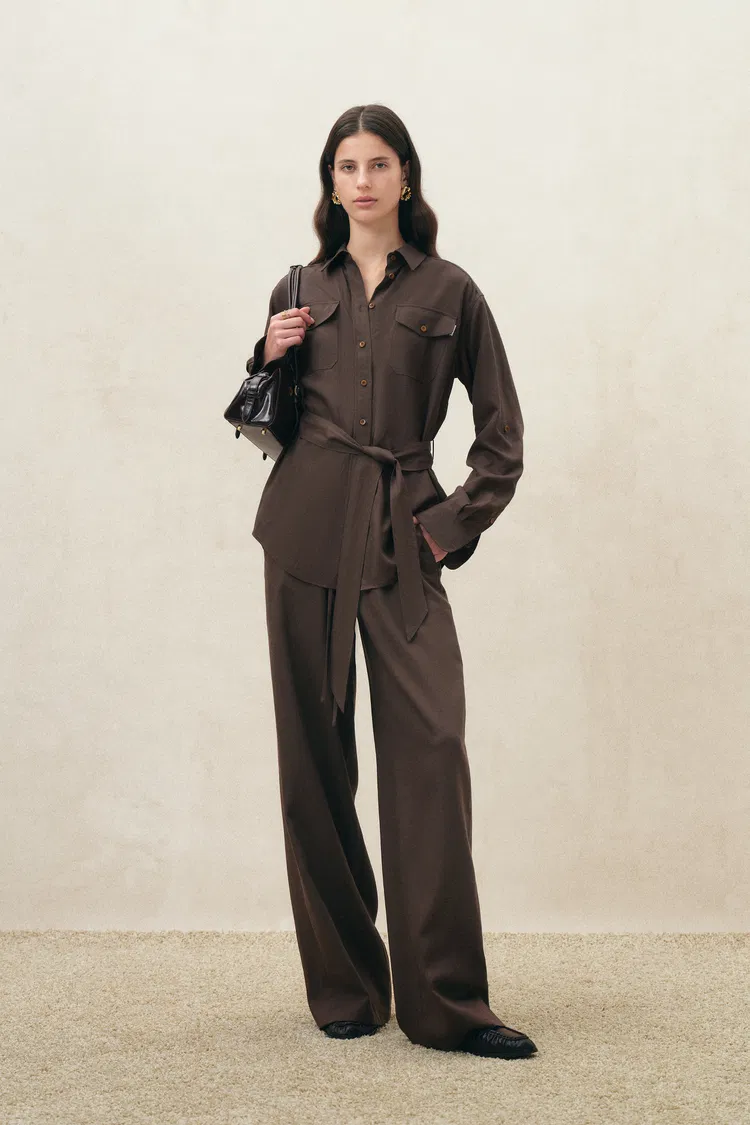 Faye Brown Belted Roll Tab Sleeves Safari Blouse