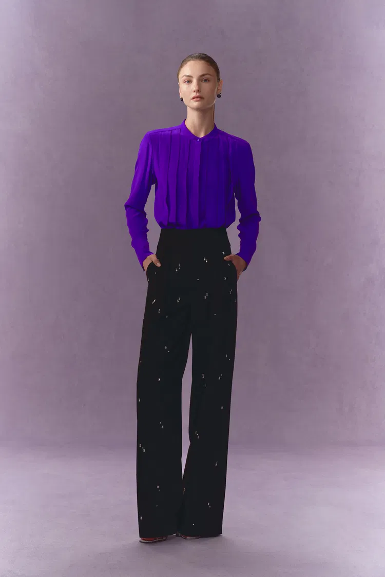 Thalia Silk Tuck Pleated Blouse in Matted Silk Crepe