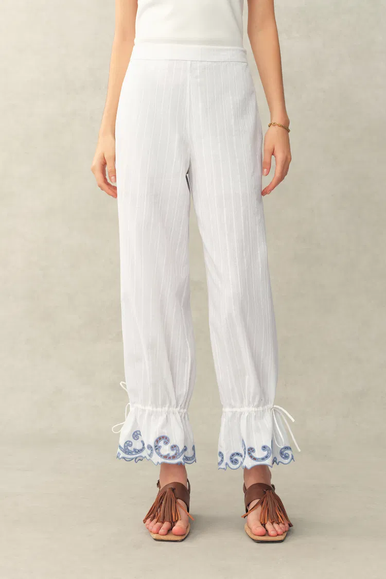 Maggie Embroidery Drawstring Balloon Leg Pants in Cotton Jacquard