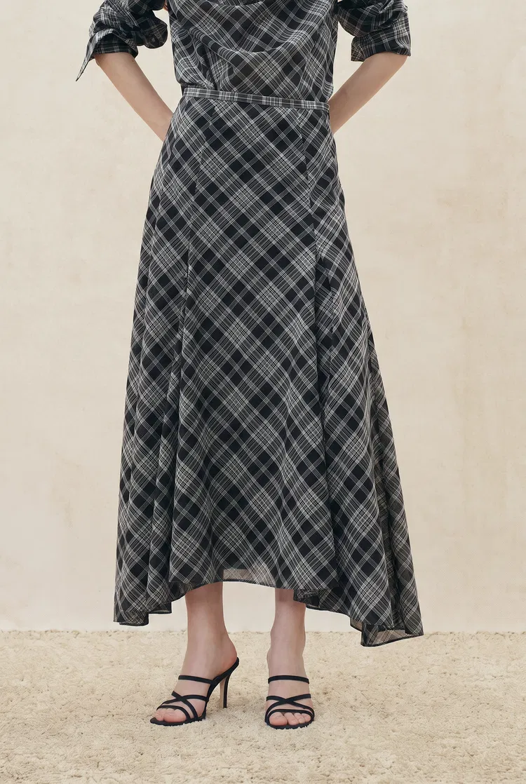 Fern Plaid Panelled Skirt in Cotton Blend