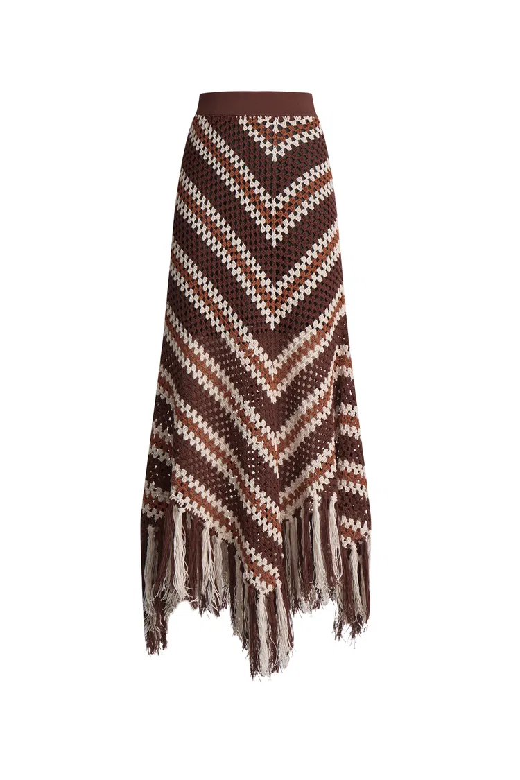 Clara Hand Crochet Fringed Skirt in Cotton-Linen Tape Yarn