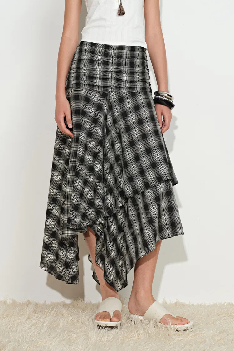 Gracie Ruched Asymmetric Plaid Skirt