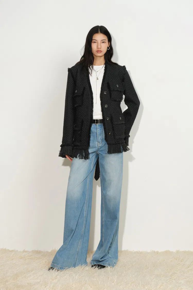 Graziosa Belted Fringed Safari Jacket in Wool Tweed