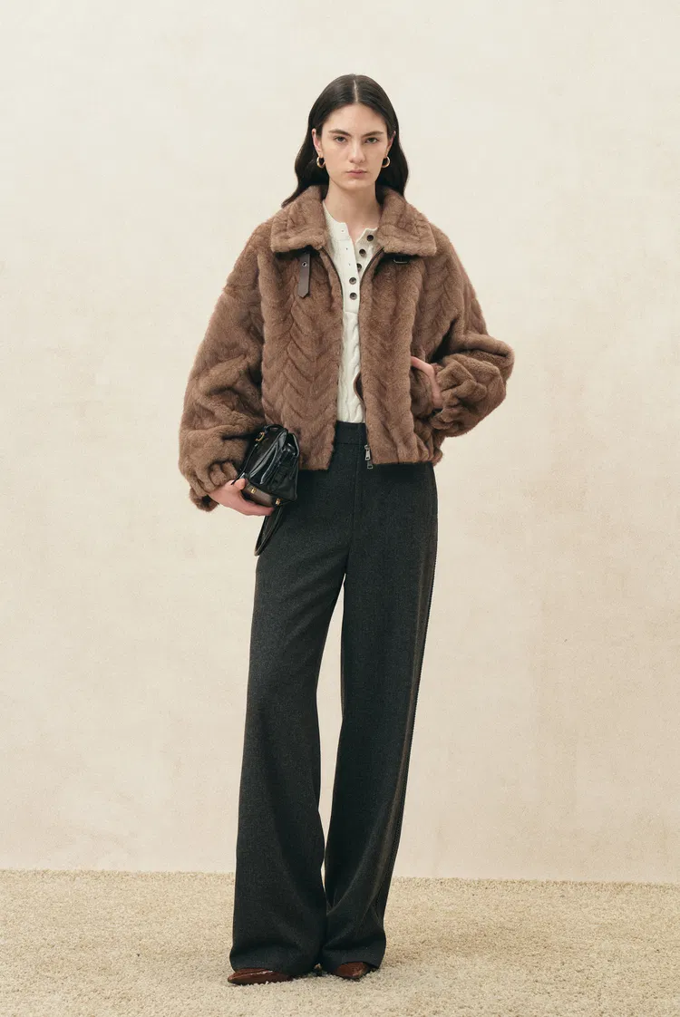 Greta Vintage Herringbone Coat in Faux Mink Fur