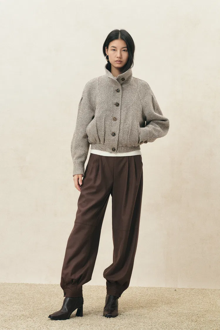 Hazel Textured Harrington Cropped Jacket in Wool Blend