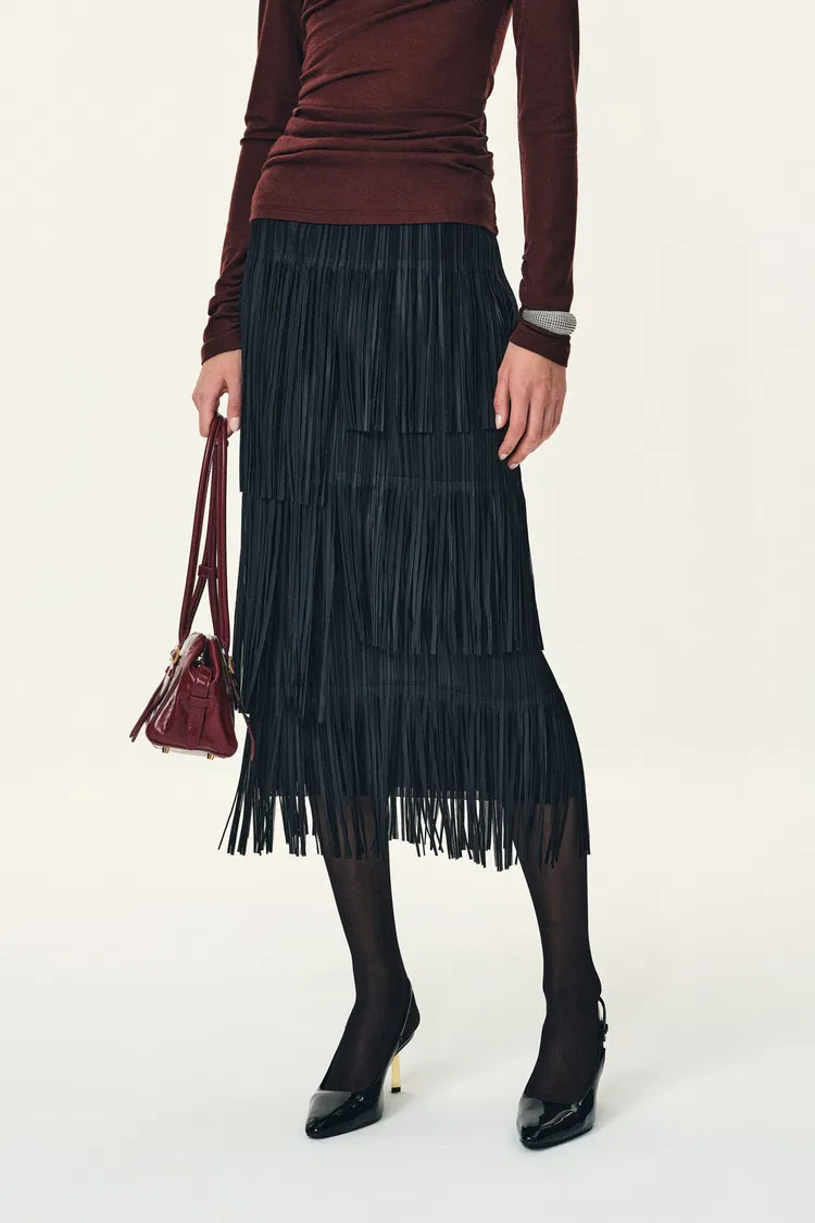 Hilda Ruched Asymmetric Fringe Skirt