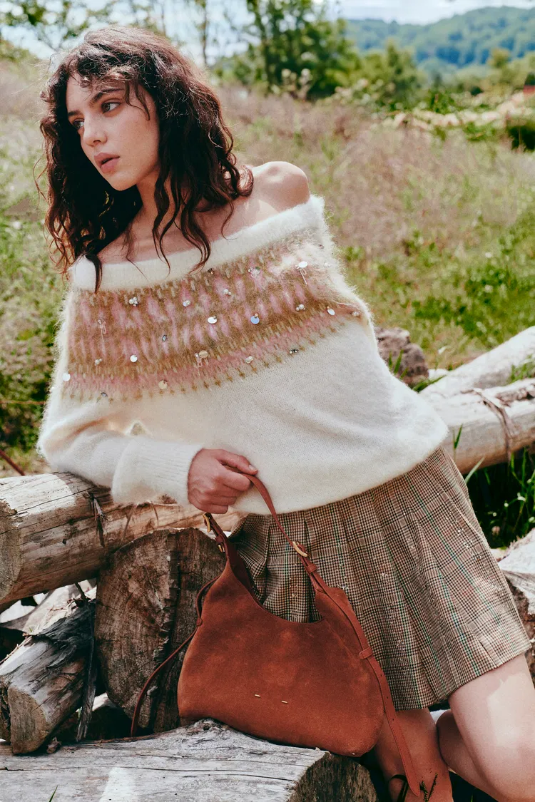 Ione Hand Beaded Off Shoulder Sweater in Alpaca Wool