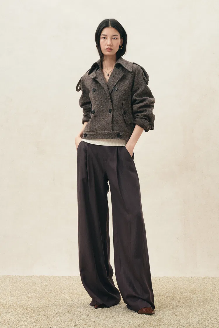 Isolde Flecked Herringbone Cropped Coat in Wool Blend