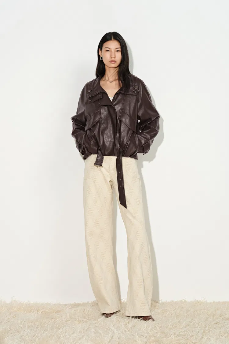 Juno Belted Stand Collar Bubble Jacket in Vegan Leather